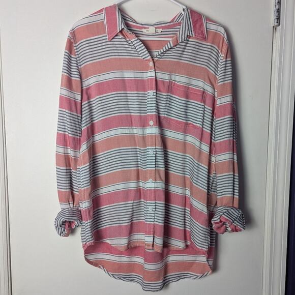 BeachLunchLounge Blouse Womens Medium Button Up Coastal Preppy Casual Striped - Picture 1 of 5